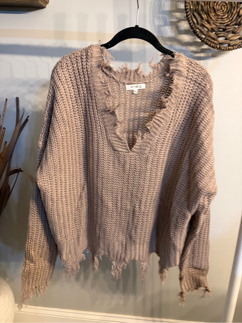 Miracle Distressed V-Neck Sweater in Taupe Beige size medium/large